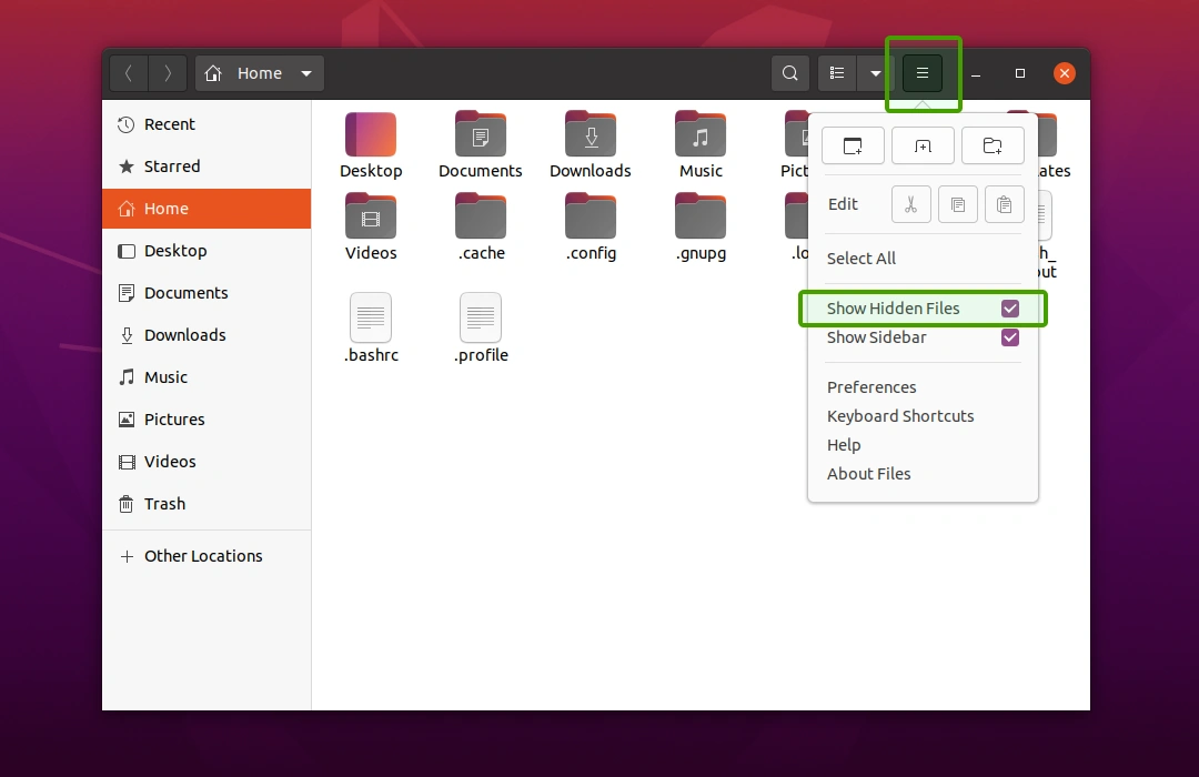 Ubuntu Gnome File Manager show hidden files