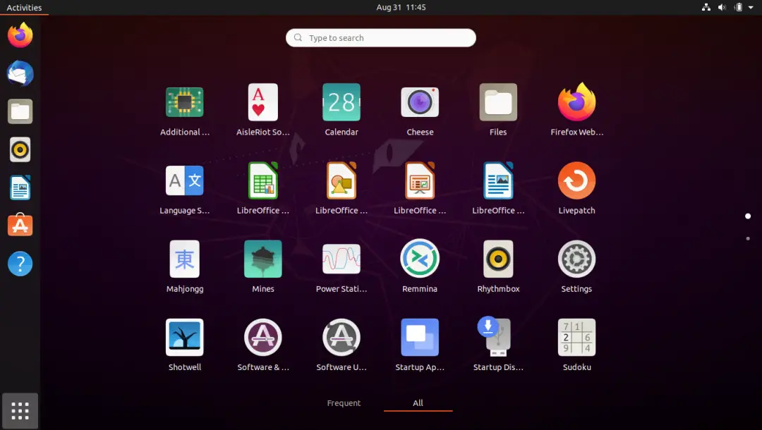 Ubuntu 20.04 LTS Applications Menu