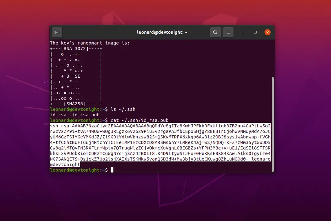 Ubuntu-20.04 LTS Terminal ssh-keygen cat public key selected