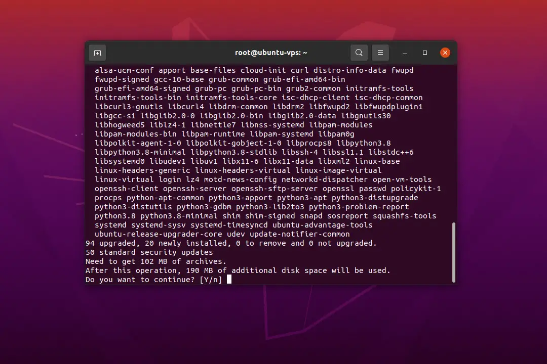 Ubuntu 20.04 LTS Terminal ssh vps apt upgrade