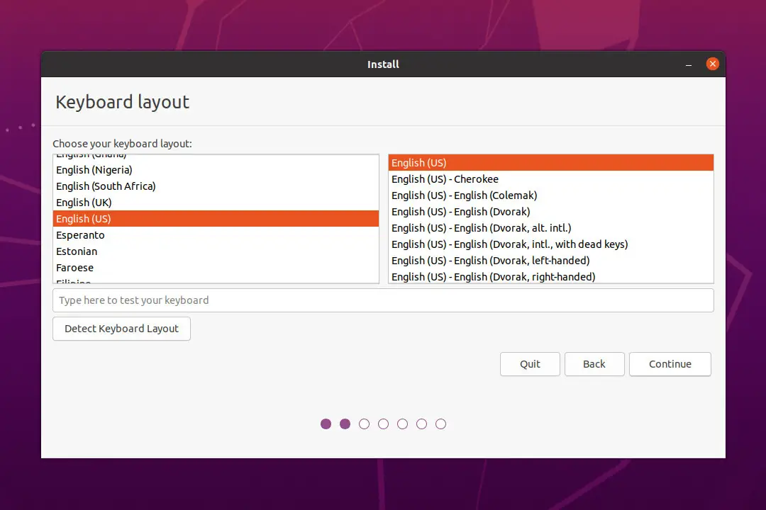 Ubuntu 20.04 Keyboard Layout Selection Window