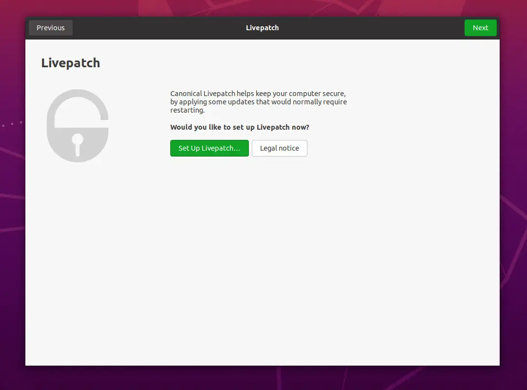 Ubuntu 20.04 Livepatch Setup Window