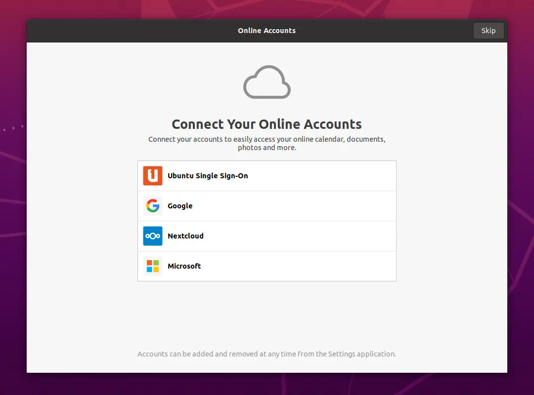 Ubuntu 20.04 Online Accounts Setup Window