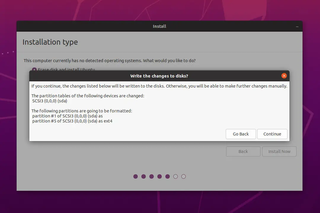 Ubuntu 20.04 Partition Confirmation Window