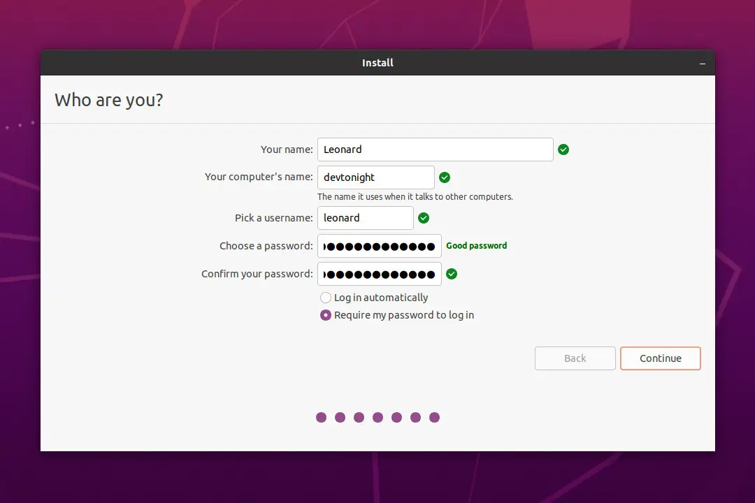 Ubuntu 20.04 User Account Creation Window