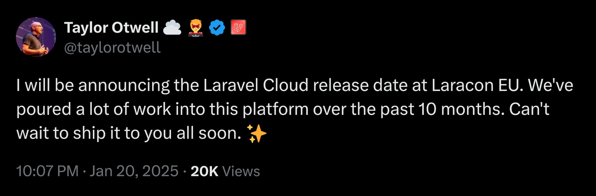 Taylor Otwell tweet on Laravel Cloud release date at Laracon EU