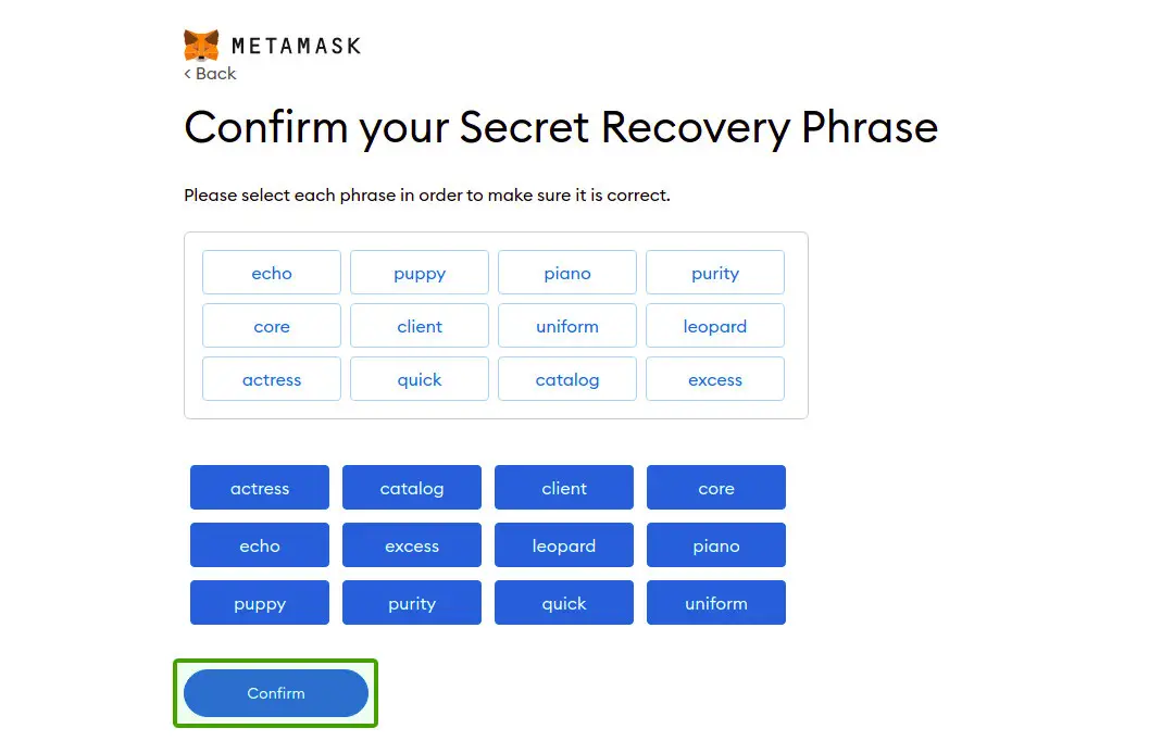 metamask confirm your secret recovery phrase filled