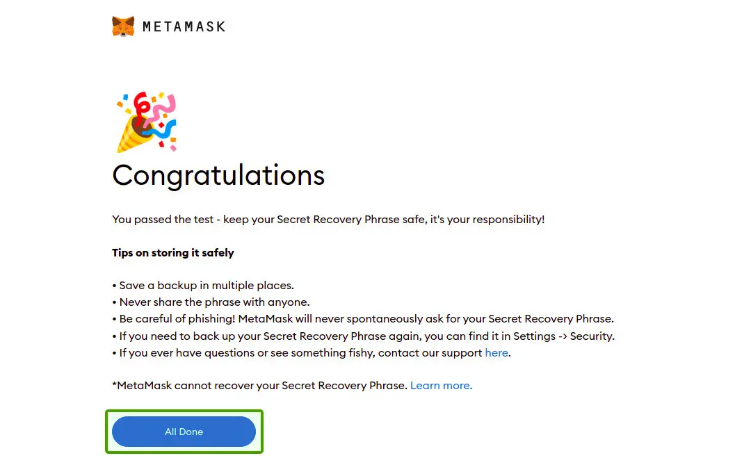 metamask congratulations page