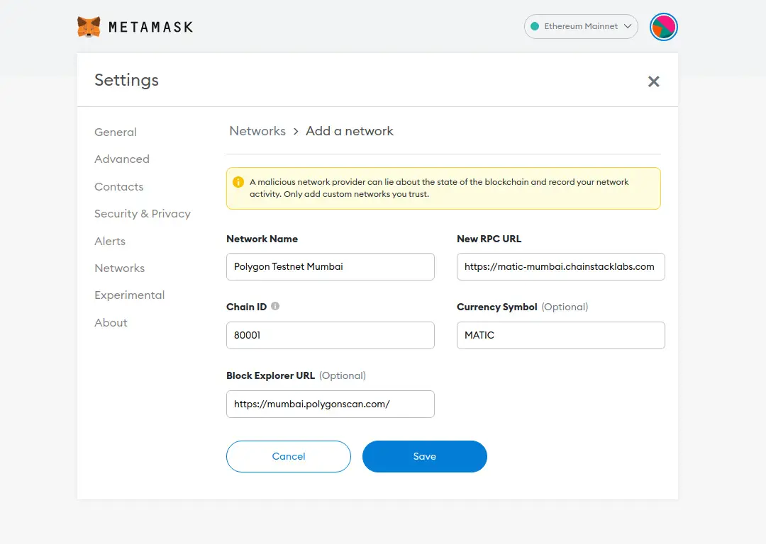 metamask wallet settings add a network