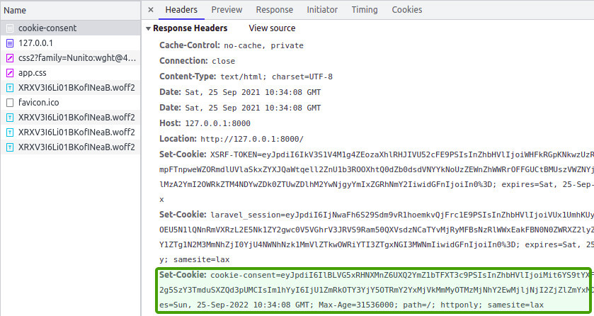 Response header with Set-Cookie cookie-consent