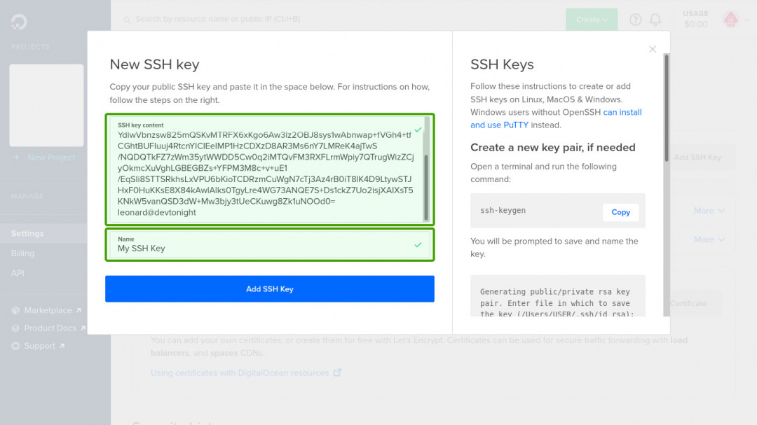 Digitalocean add ssh public key and name
