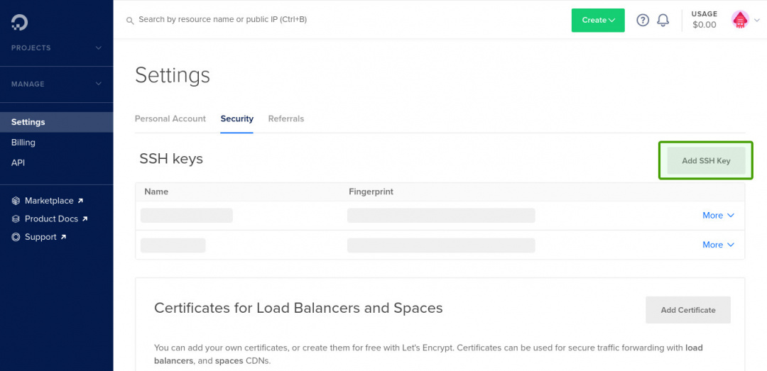 Digitalocean add ssh public key
