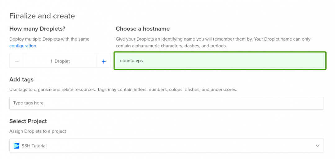Digitalocean create droplet hostname