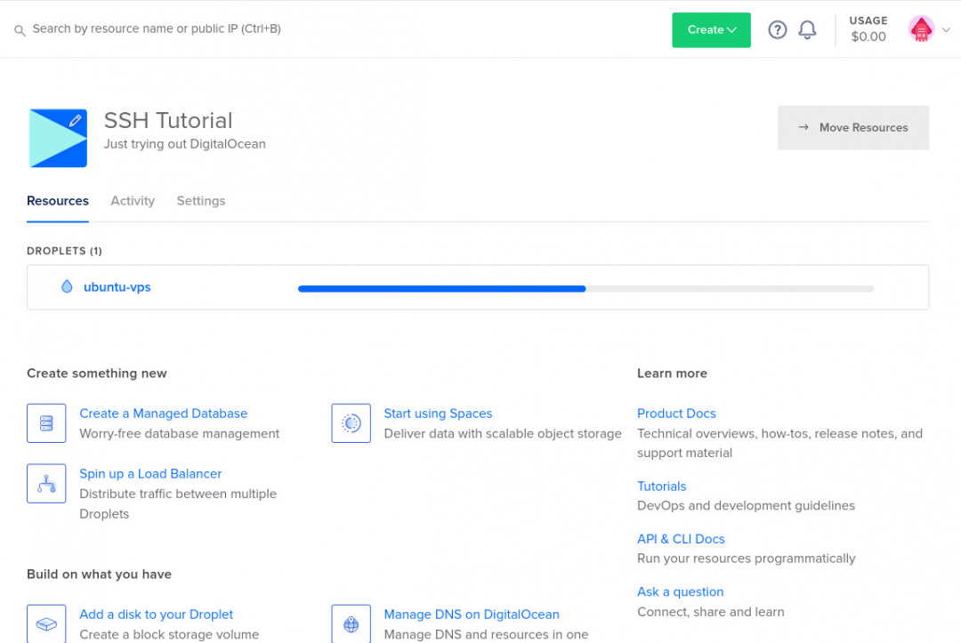Digitalocean create droplet progress