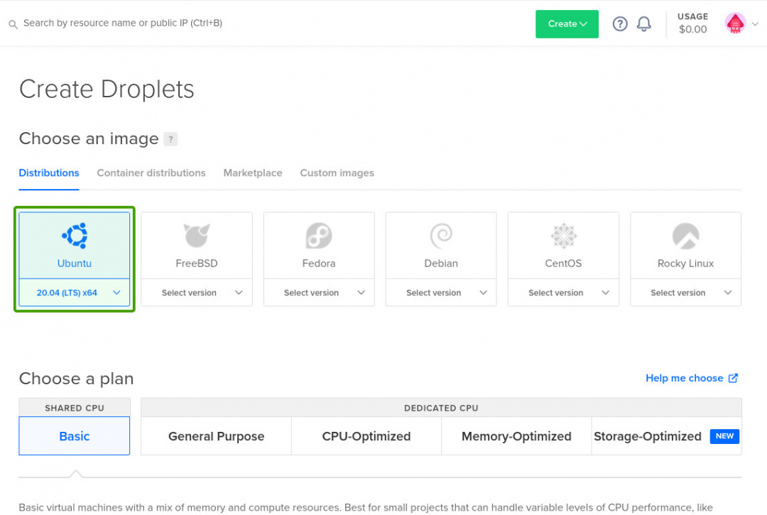 Digitalocean create droplet select operating system