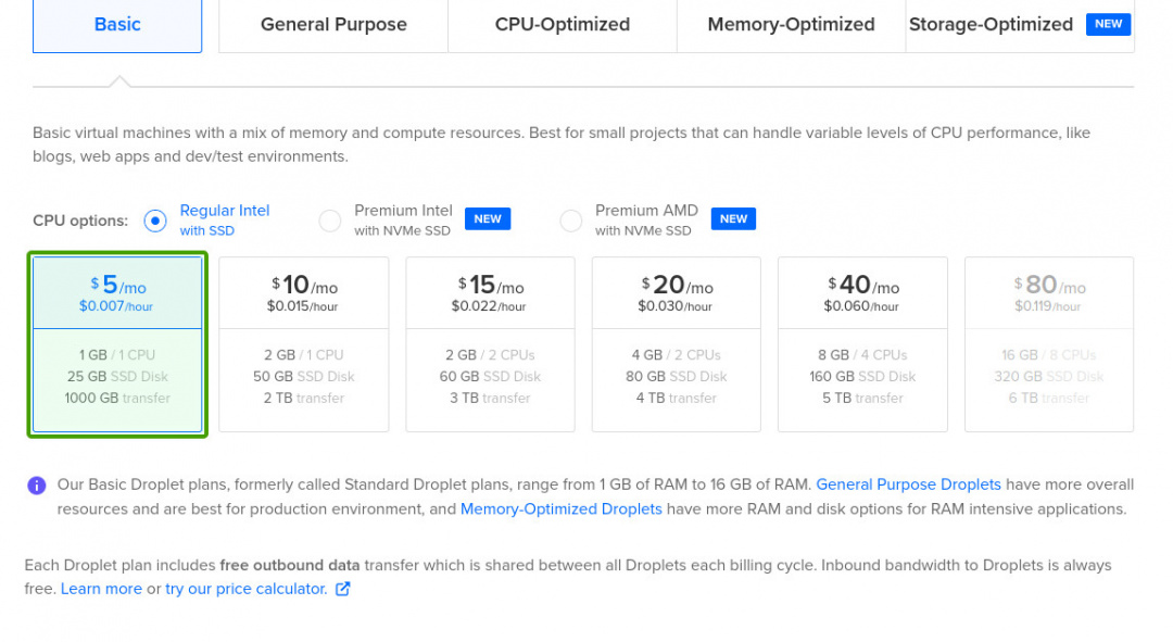 Digitalocean create droplet select price
