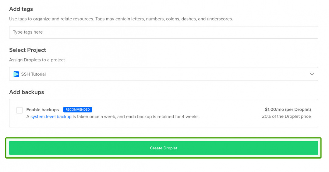 Digitalocean create droplet submit