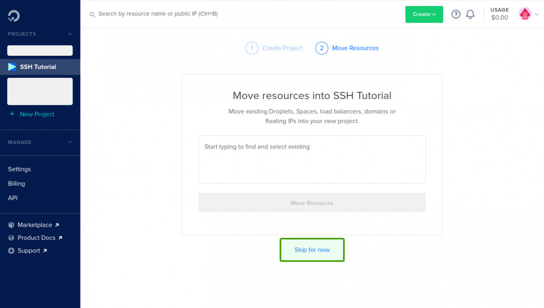Digitalocean create project skip for now