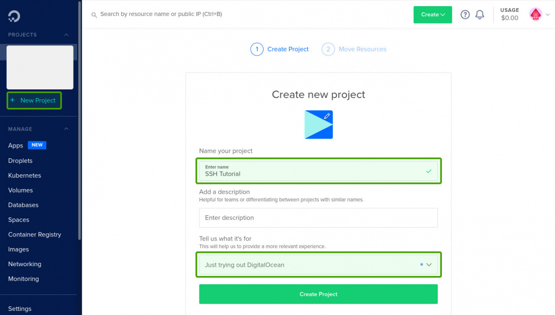Digitalocean create project