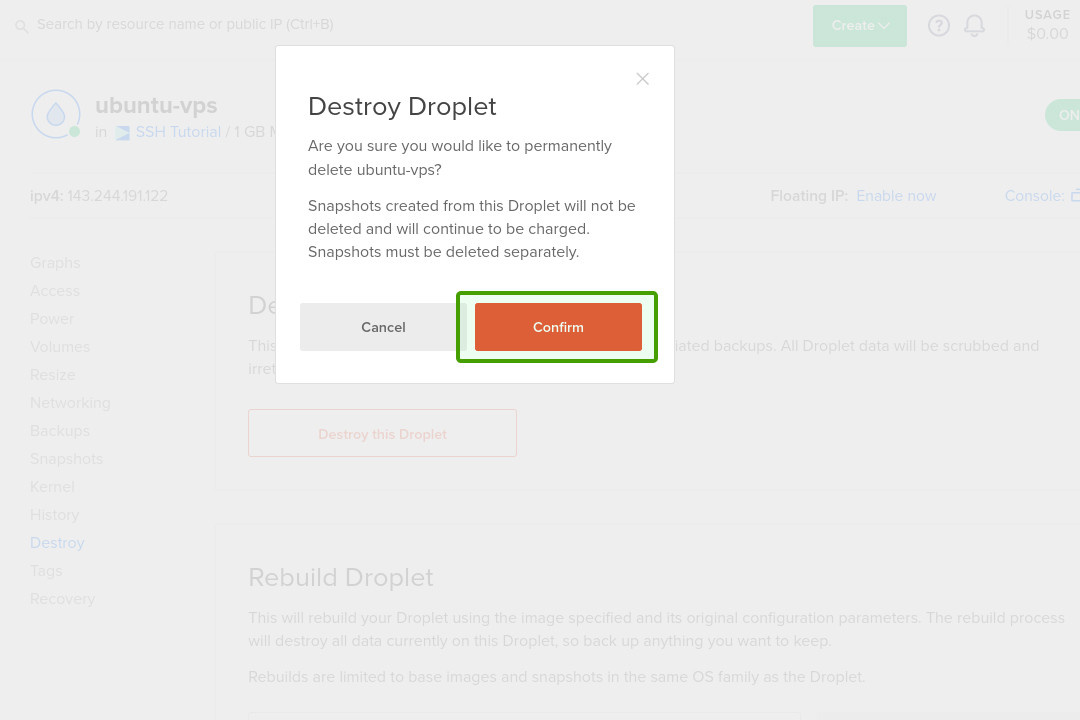 Digitalocean droplet destroy confirm