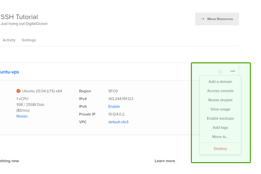Digitalocean droplet menu