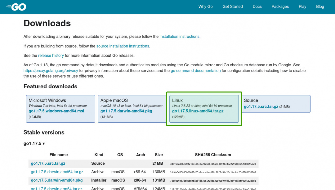 go.dev downloads page
