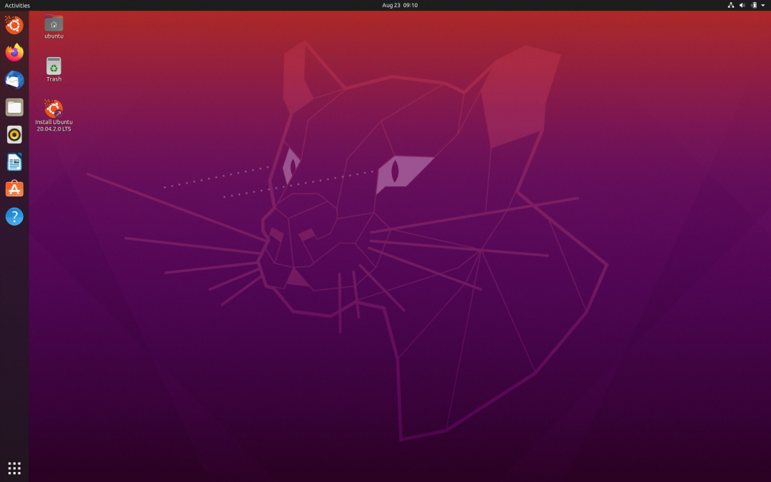 Ubuntu 20.04 Live CD Welcome Desktop Screen