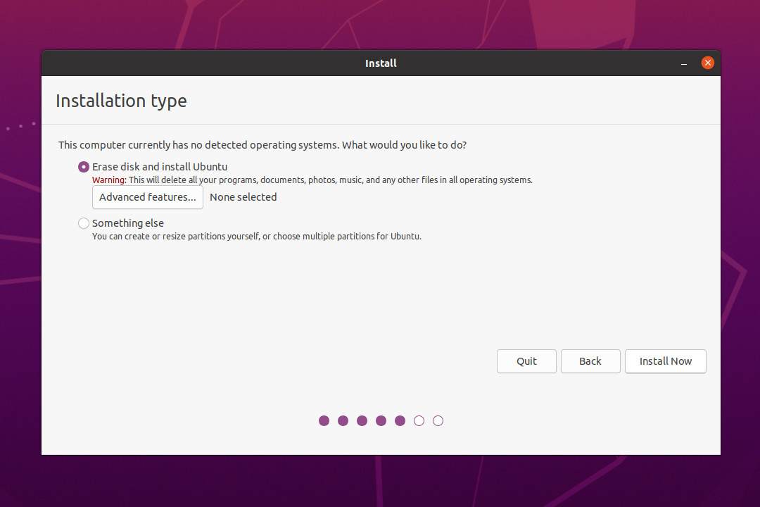 Ubuntu 20.04 Partition Type Selection Window