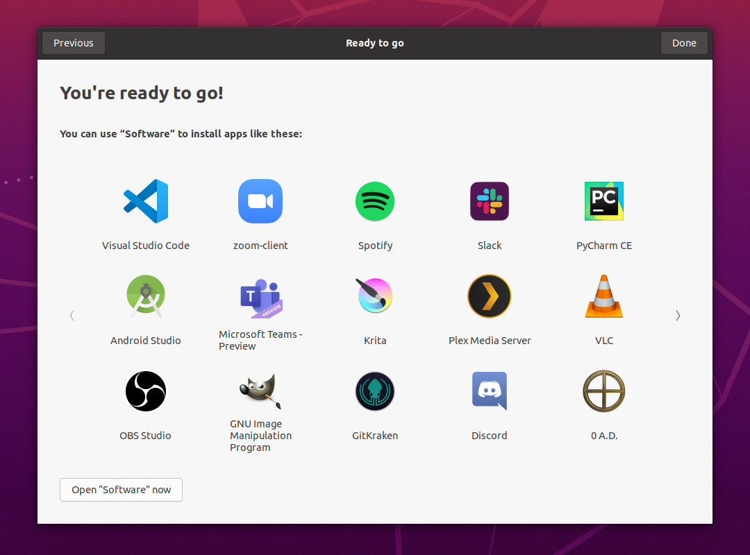 Ubuntu 20.04 Software Installation Greeting Window