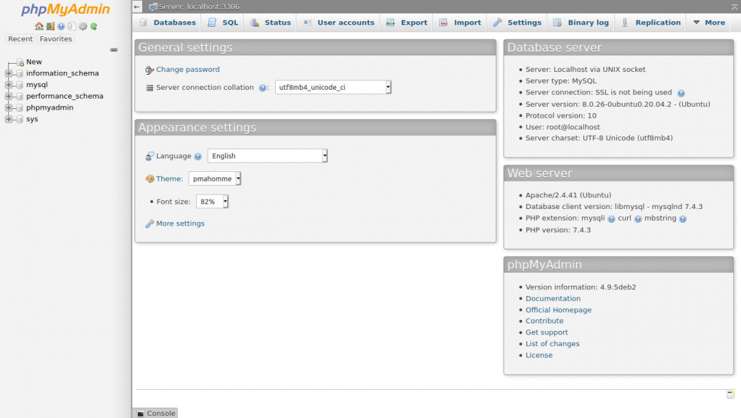phpMyAdmin PMA Welcome Screen