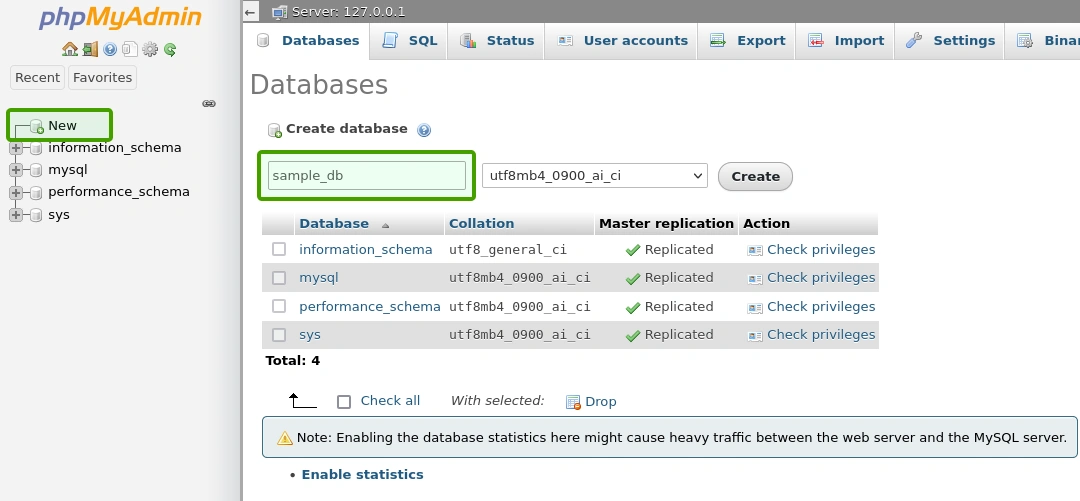 MySQL phpMyAdmin database create