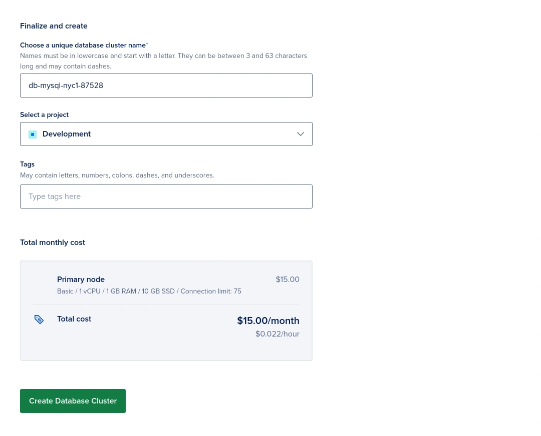 create database cluster database finalize