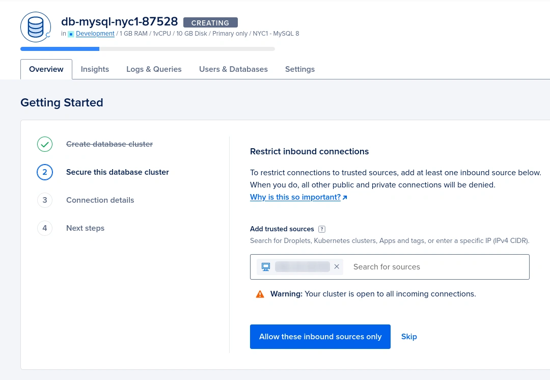 database overview getting started secure this database cluster ip