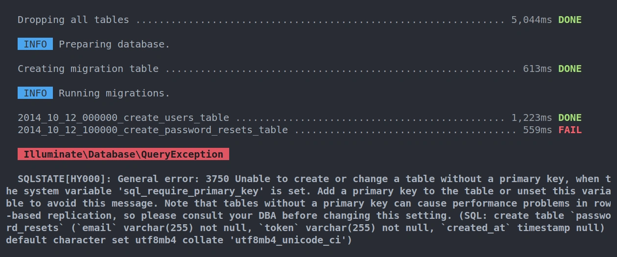 laravel php artisan migrate database migrations