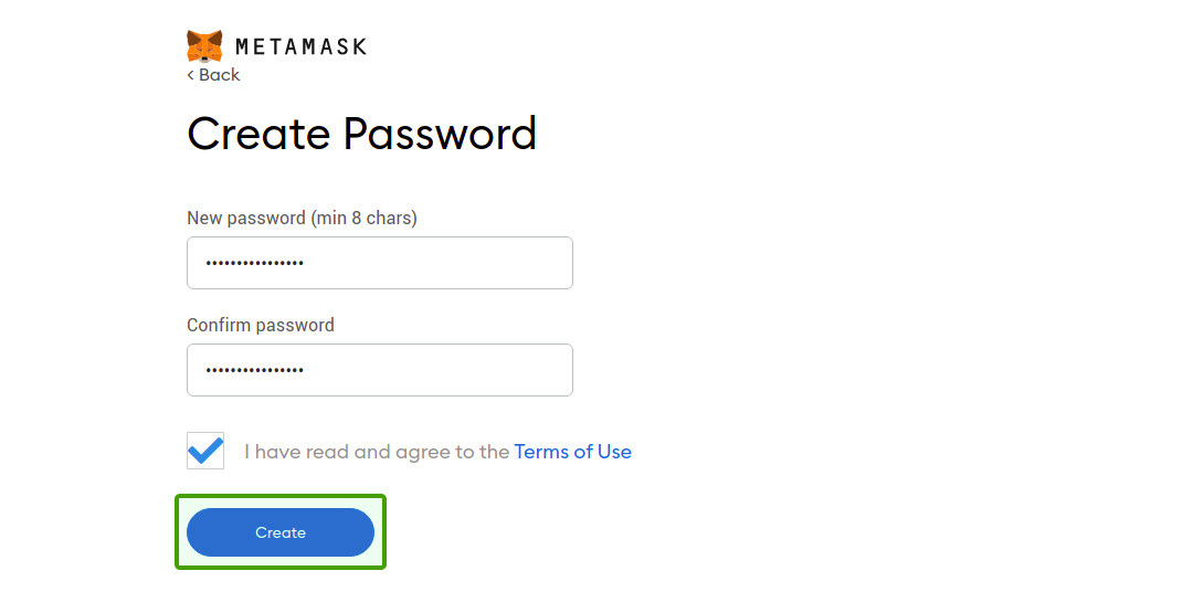 metamask create password