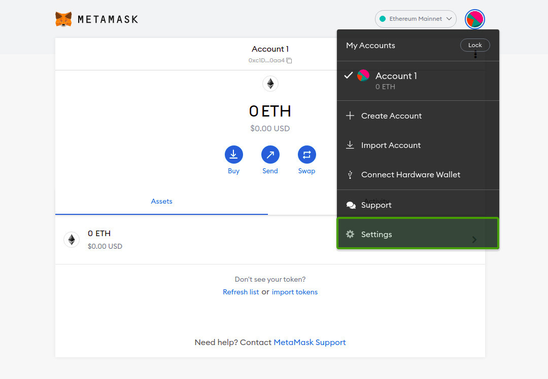 metamask wallet menu settings