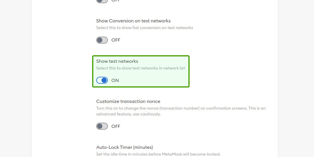 metamask wallet settings show test networks